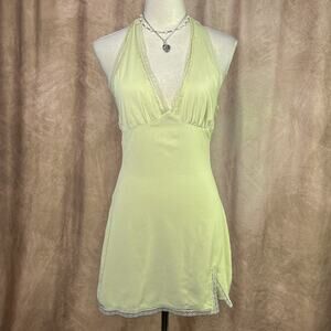 Y2K Floral Lace Halter Dress Light Green Mini Sleeveless Summer Party Boho Retro